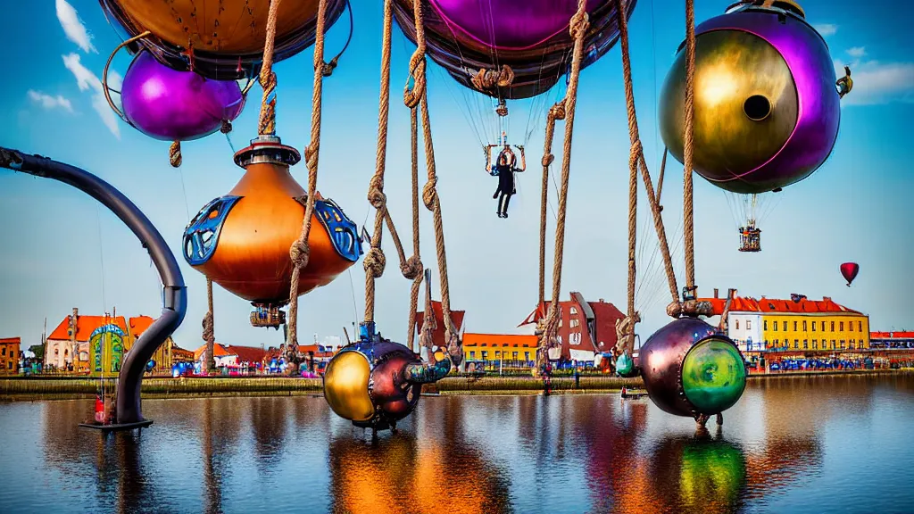 Prompt: large colorful futuristic space age metallic steampunk steam - powered balloons with pipework and electrical wiring around the outside, and people on rope swings underneath, flying high over the beautiful klaipeda in lithuania city landscape, professional photography, 8 0 mm telephoto lens, realistic, detailed, photorealistic, photojournalism