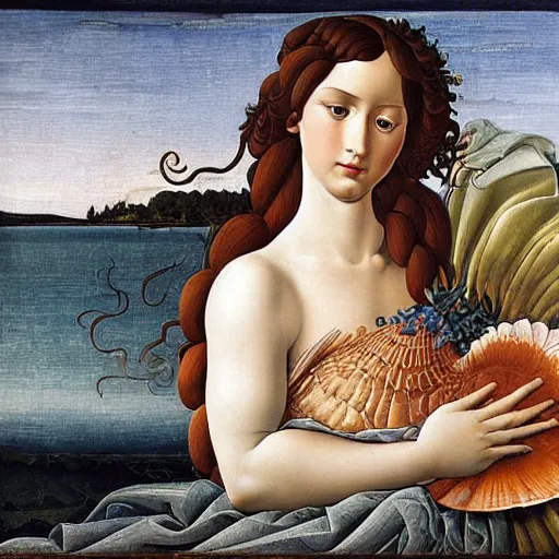 Prompt: an hyperrealistic mythological oil painting of a beautiful woman with long curly brown hair, full body, wearing floral chiton, lying in a giant scallop shell near the seashore, intricate, elegant, renaissance style, by sandro botticelli