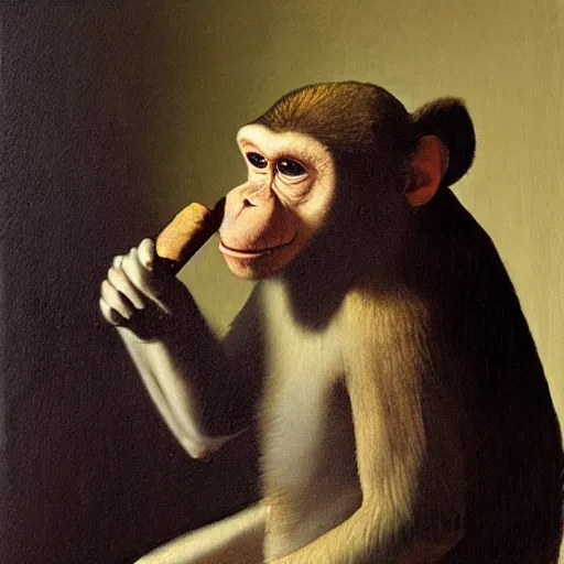 Image similar to Monkey with a cigar in his mouth and smoke coming out, oil on canvas, by Johannes Vermeer