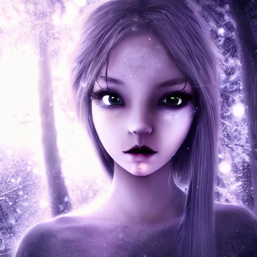 Image similar to focus face portrait of beautiful darkness witch 3D anime girl, dark forest background, snowing, bokeh, inspired by Tim Burton, digital painting, high contrast, unreal engine render, volumetric lighting, high détail