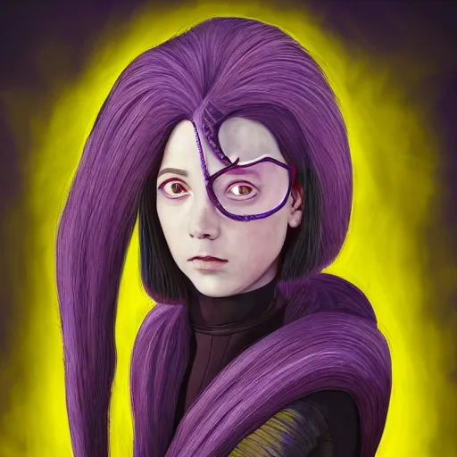 Image similar to A professional digital portrait painting of a young adult female tiefling, painted by Wes Anderson, painted by Hayao Miyazaki, dressed in light armor, 4k, digital art, trending on cgsociety, highly detailed, head and shoulders shot, shallow depth of field, purple and yellow lighting, professional lighting, airbrush,