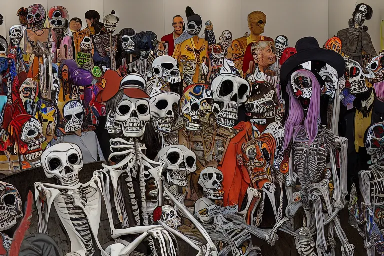 Prompt: scene from exhibition at the museum of modern art, day of all the dead, skeletons, artwork by jean giraud