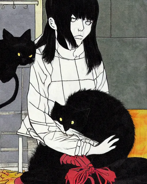 Prompt: 'huge black cat sitting on pillow' by junji ito