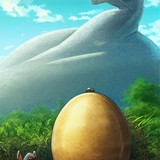 Prompt: Dinosaur Egg Omelette, fantasy art, illustration, natural, fantasy, art by Hayao Miyazaki, Makoto Shinkai