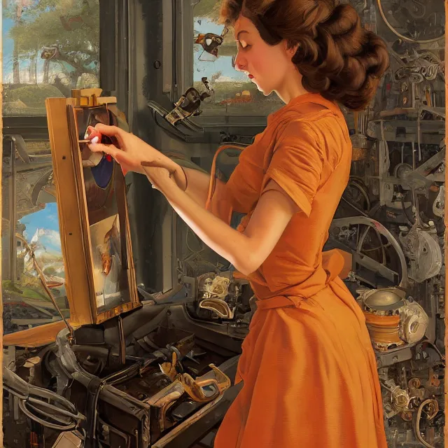 Prompt: mechanical artist painting a self - portrait on a canvas. intricate, highly detailed, digital matte painting, in the style of alexandros pyromallis, and in the style of sachin teng, and in the style of hans thoma, and in the style of gil elvgren. irony, recursion, inspiration.