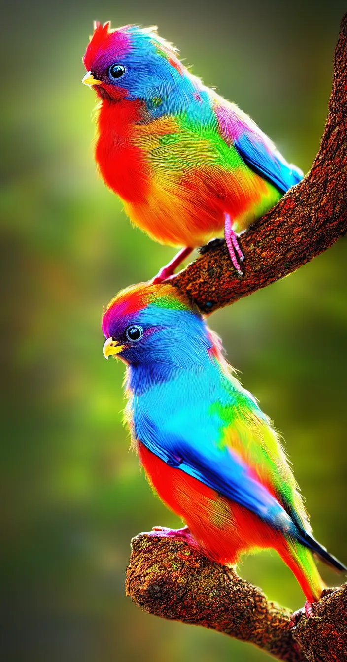 Prompt: realistic photo of multi colored bird sitting on tree, sharp focus, smooth background, cinematic lightening, wide angle shot, very hyper realistic, highly detailed, fantasy art station