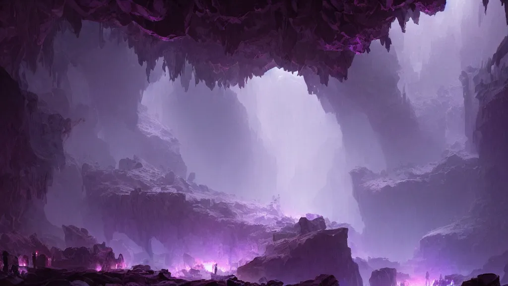 Prompt: A dark cave illuminated by large glowing violet crystal shards and veins, by greg rutkowski and thomas kinkade, ambient light, ultra detailed, 8k, trending on artstation, award winning, beautiful!!!!!! scenery