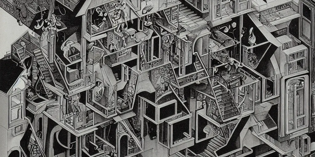 Image similar to early 9 0's liminal space in the style of mc escher and heironymus bosch, colorful intricate masterpiece, very hyper detailed