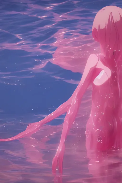 Image similar to 3D CG anime Land of the Lustrous Houseki no Kuni character Ventricosus translucent very pink jelly woman with thick chest size and pink transparent dress frills floating at the bottom of the ocean near the surface, sun rays shine through the water, beautiful composition, 3D render, cel shaded, 8k, key visual, made by Haruko Ichikawa, Makoto Shinkai, studio Ghibli, Kyoto Animation