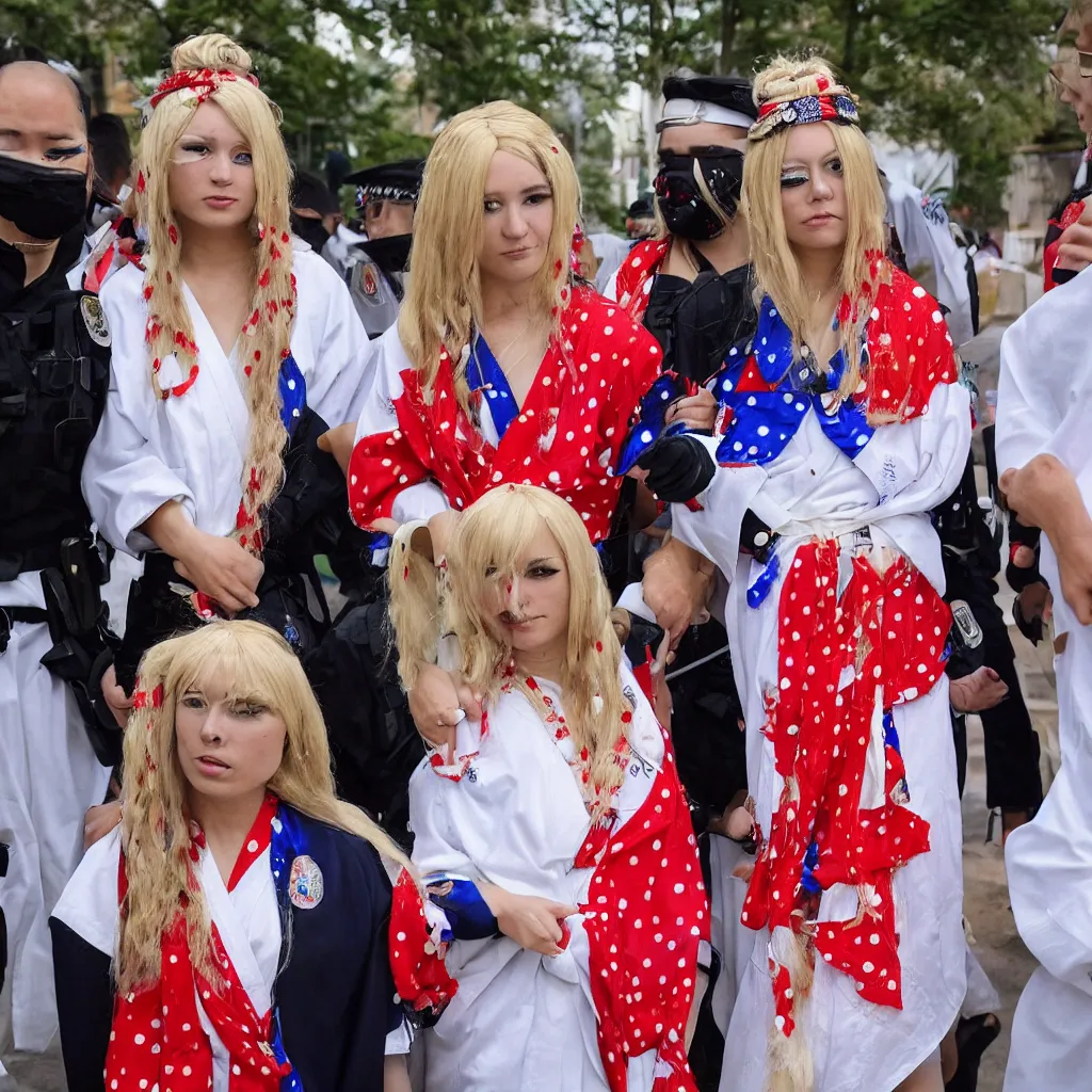 Prompt: a young woman wearing with a long blond wig wearing a white kimono decorated with red and blue spots and a red obi ( sash ) in the evening, detained by police