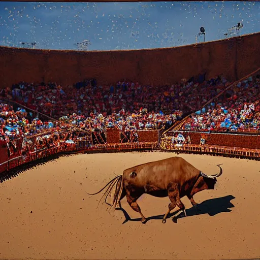 Image similar to by neil welliver, by martin deschambault navajo bleak. a photograph of a bullfight in spain. the photograph is set in an arena with spectators in the stands. several figures in the photograph, including a matador & a bull.