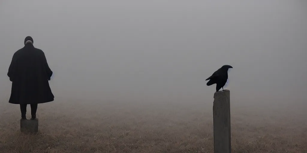 Image similar to a man with a raven instead of a head standing in the mist, fog, scary