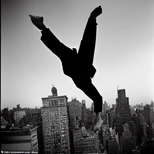 Prompt: A man doing a backflip across 2 rooftops in new york, photographed by Henri Cartier-Bresson on a Leica camera