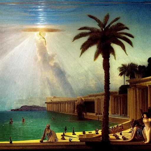 Image similar to Palace floating in the sky, 1km tall, thunderstorm, greek pool, beach and palm trees on the background major arcana sky, by paul delaroche, hyperrealistic 4k uhd, award-winning very detailed