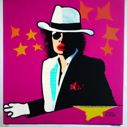 Image similar to paining of Michael Jackson moon walking, pop art, white suit and hat