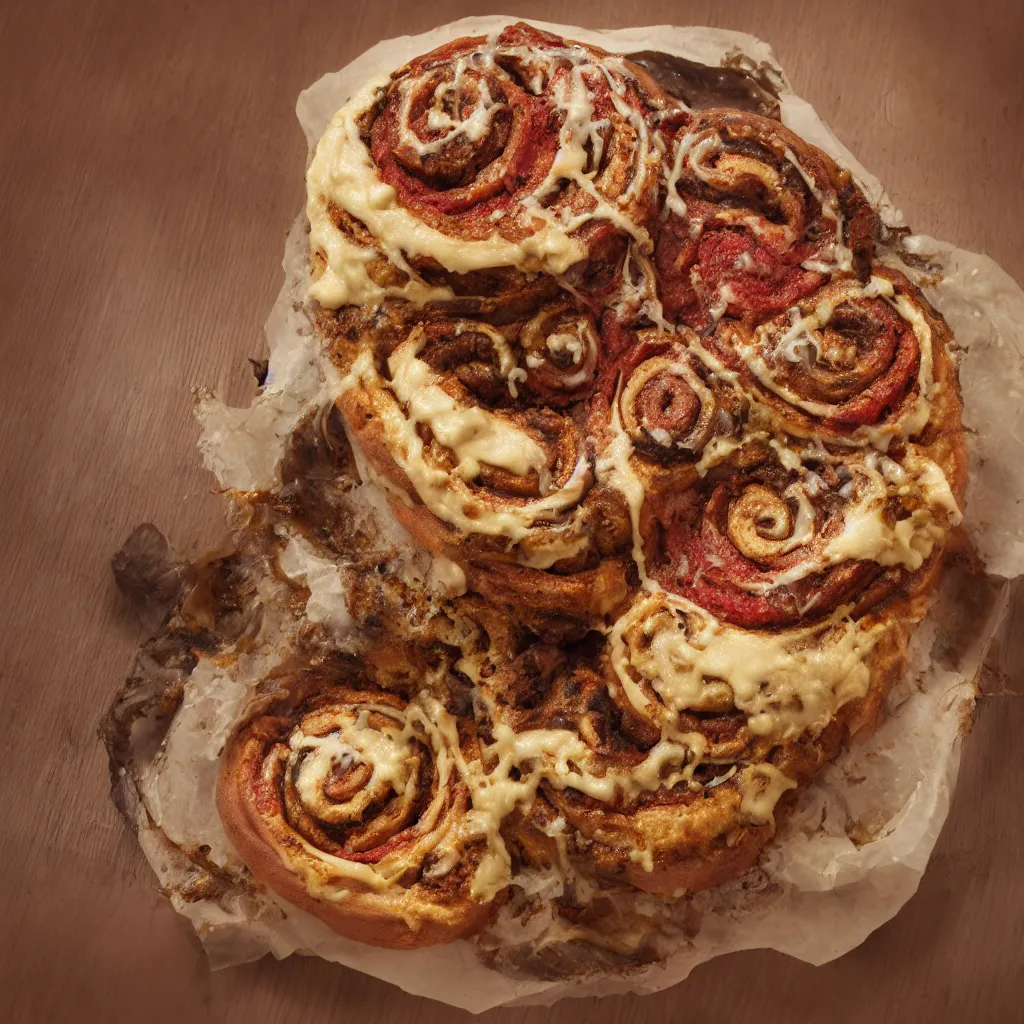 Prompt: a photo of a biomechanical rotten vegan doner with pizza taste and halapeno mayo, in the shape of a cinnamon roll in the style of hr giger, octane render, 8 k