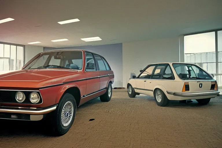 Image similar to BMW wagon estate, inside of an badly lit 1970s dealership, ektachrome photograph, volumetric lighting, f8 aperture, cinematic Eastman 5384 film