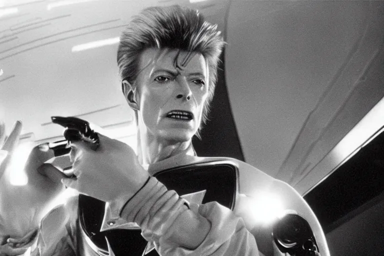 Image similar to David Bowie on the bridge of a starship, movie still