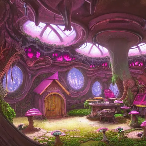 Prompt: concept art painting of a interior of an alien fantasy fairytale fungus house, realistic, detailed, cel shaded, magenta, in the style of makoto shinkai and greg rutkowski and james gurney