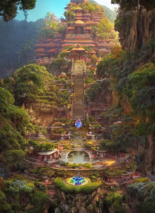 Image similar to visions of a gorgeous landscape of utopian nature surrounding shangri la with vedic architecture and precise details by alex grey, and greg rutkowski, filled with nature gods and dreamcatcher portals, hdr, 3 d, photorealism, mandelbulb 3 d, volumetric lighting, octane render.