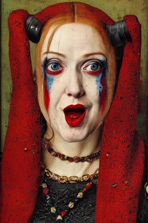 Image similar to portrait of harley quinn, oil painting by jan van eyck, northern renaissance art, oil on canvas, wet - on - wet technique, realistic, expressive emotions, intricate textures, illusionistic detail