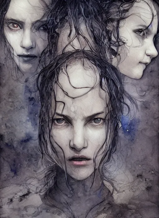 Image similar to portrait, the three sisters of fate, watercolor, dramatic lighting, cinematic, establishing shot, extremely high detail, foto realistic, cinematic lighting, pen and ink, intricate line drawings, by Yoshitaka Amano, Ruan Jia, Kentaro Miura, Artgerm, post processed, concept art, artstation, matte painting, style by eddie mendoza, raphael lacoste, alex ross