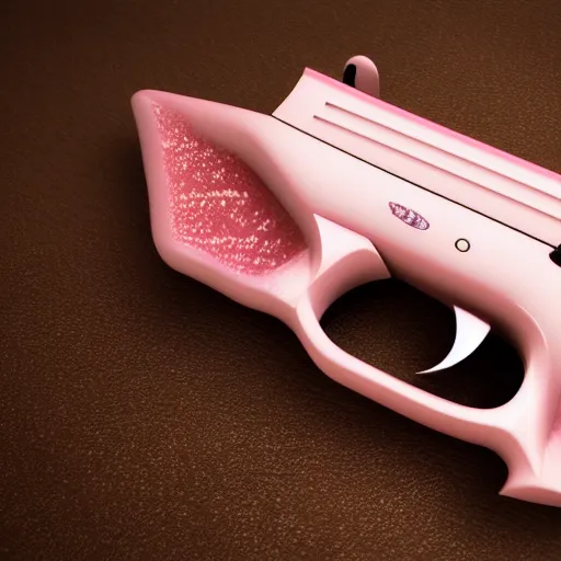 Image similar to beautiful surreal pistol, light pink, Japanese style, cute, cinematic lighting, hyperrealistic, 8k