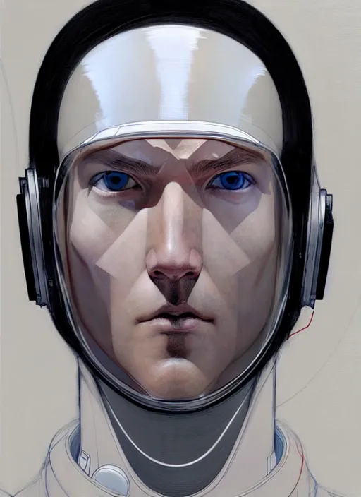 Prompt: artwork by james jean and Phil noto; a close up on the face of a beautiful man in a future space suit; wearing futuristic astronaut helmet; highly detailed; pretty eyes; circular black pupils; artwork by james jean and Phil noto