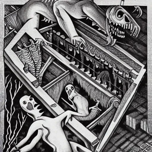 Prompt: high quality rendition of a horrifying man eater by m. c escher, m night shamalan, steven king and h. p. lovecraft. this will keep me up at night.