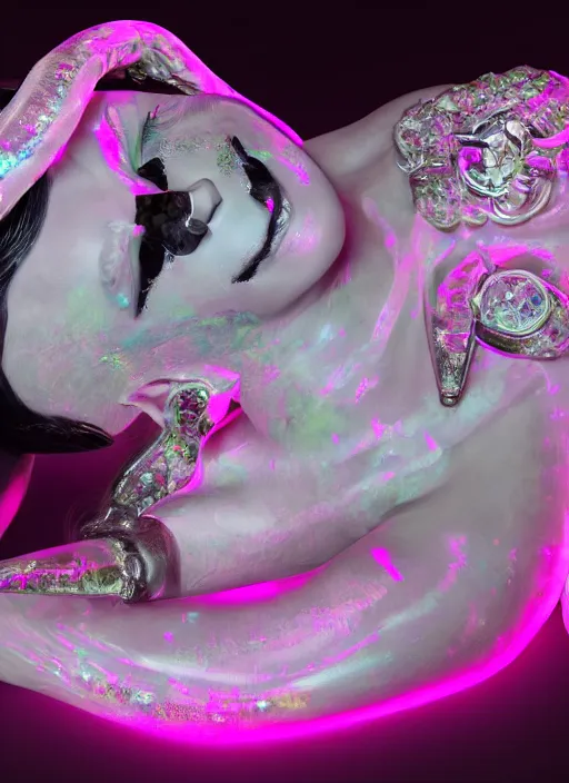 Image similar to photo of fullbodied baroque and bladerunner delicate neon diamond sculpture of seductive onyx albino marble prince kai harvatz dotado pink iridescent skull psychedelic, reclining, glowing magenta face, crown of white diamonds, cinematic lighting, photorealistic, octane render 8 k depth of field 3 d