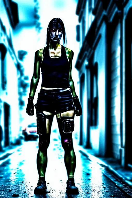 Image similar to buenos aires argentina cyberpunk strong girl sweating, sci - fi streets night