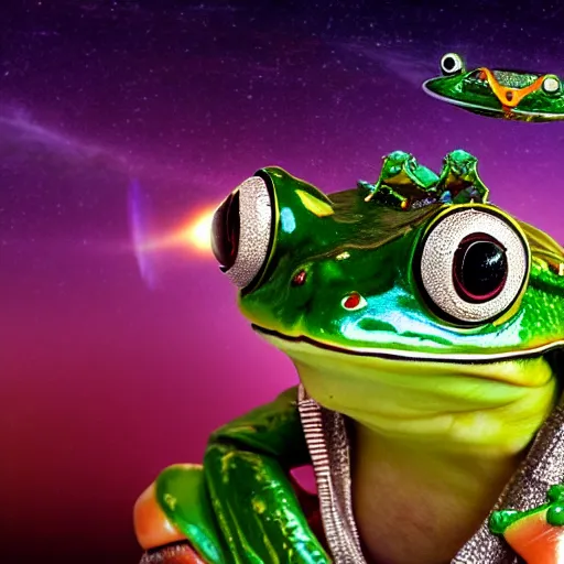 Prompt: frog piloting a space ship and smoking in the background you can see the universe, 4k, studio lighting by Daniel F. Gethartz, detailed