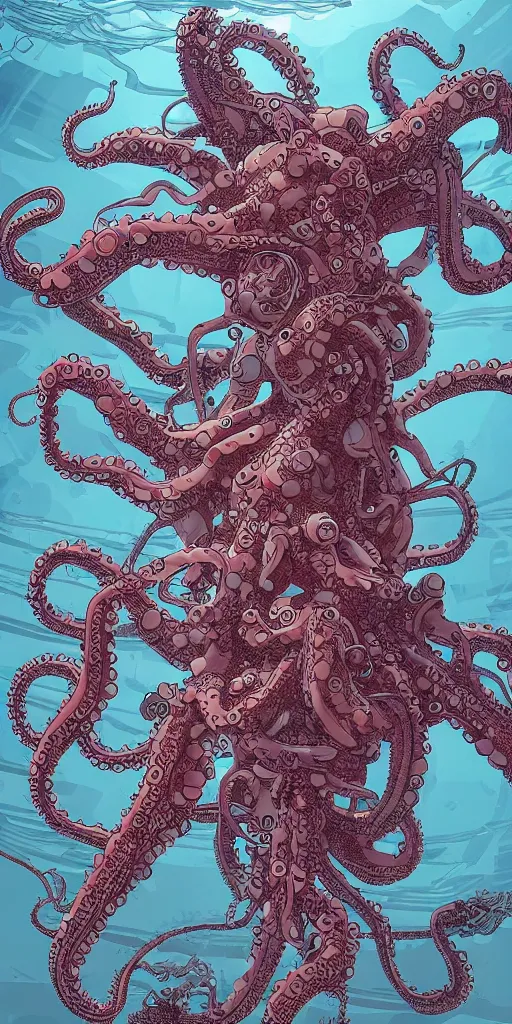 Image similar to robotic octopus, style of james jean and laurie greasley and greg rutkowski, dynamic composition, dramatic lighting, hyper - realistic, ultra detailed, 8 k