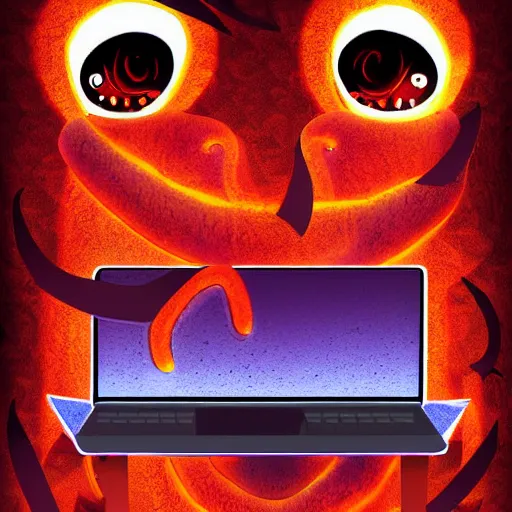 Prompt: a demon using a laptop ~ evil smile ~ lava background ~ digital art ~