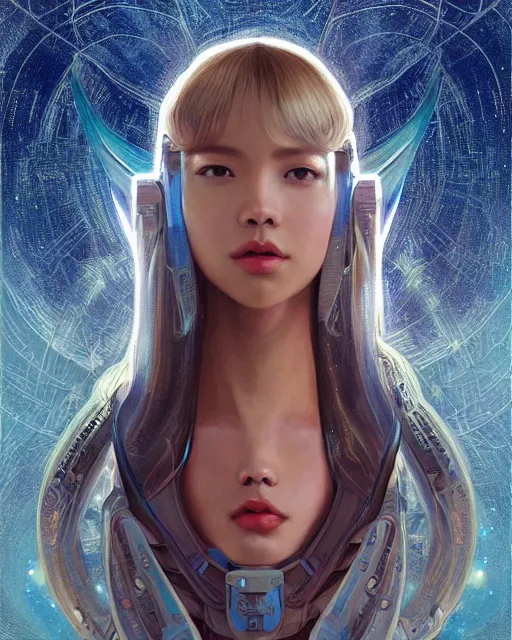 Image similar to portrait of Lalisa Manobal as futuristic airforce, inside future fighter, sci-fi, fantasy, intricate, very feminine, elegant, human anatomy, royal pink and blue light, highly detailed, digital painting, artstation, concept art, smooth, sharp focus, illustration, art by tian zi and WLOP and alphonse mucha, masterpiece, fix this image