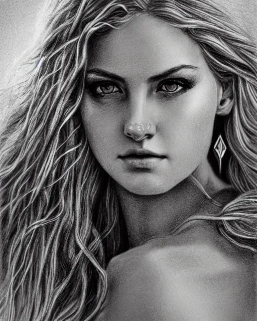 Image similar to pencil drawing of a beautiful greek goddess aphrodite with arrowhead earrings, beautiful piercing eyes, beautiful blonde hair, hyper realistic face, in the style of greg rutkowski, fantasy, amazing detail, epic, elegant, smooth, sharp focus, from the front