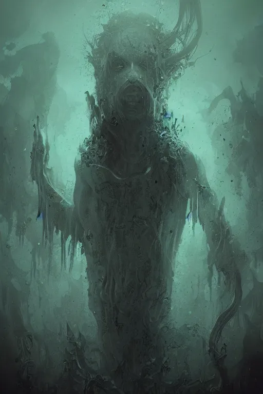 Image similar to demonic lovecraftian cult leader, watery grave, digital art, in the style of greg rutkowski, trending on artstation