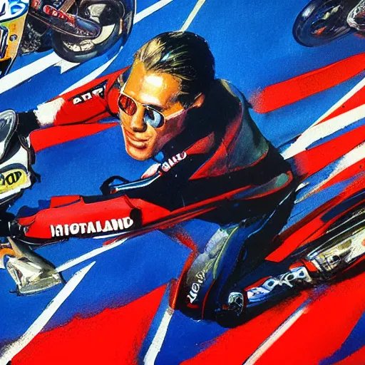 Image similar to photorealistic picture, by bob peak and alex ross, moto gp ads in 1 9 9 0 s, gouache and wash paints, fine details, fine intricate, fine facial proportionate, fine body proportionate, fine fix broken line, fine fix duplicate line, smooth sharp focus, sharp focus