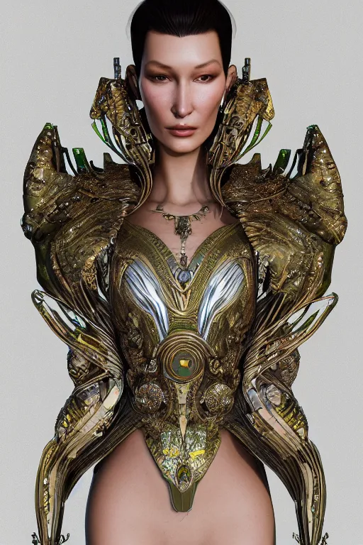 Image similar to a highly detailed medium shot 8 k render portrait of an alien goddess bella hadid in iris van herpen dress schiaparelli armor in diamonds and lots of jewelry in style of alphonse mucha trending on artstation made in unreal engine 4