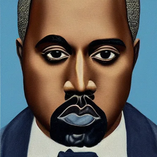 Prompt: very detailed portrait of kanye west. painted by rene magritte, 1 9 2 7. oil on canvas.