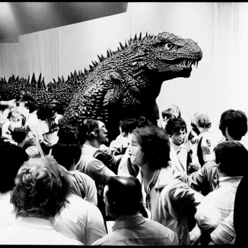 Image similar to extremely realistic toho godzilla partying at studio 5 4 b & w grainy photograph lots of celebrities including andy warhol