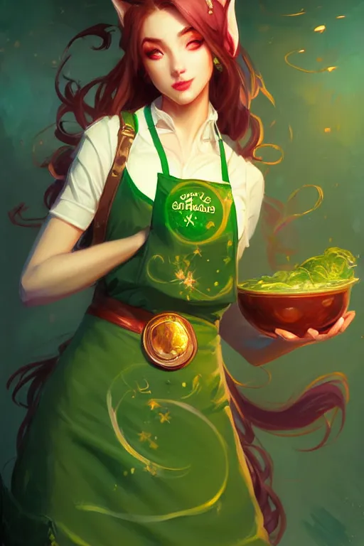 Prompt: detailed character full face portrait of a green starbucks apron barista blood elf artgerm greg rutkowski mucha ross tran magical atmosphere neon colors