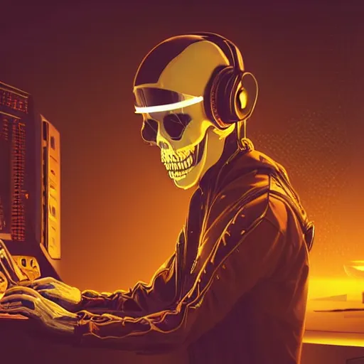 Image similar to cyberpunk skeleton with headphones playing synthesizer, smoky lights, lasers, highly detailed, realistic, dusty, technology and magic,