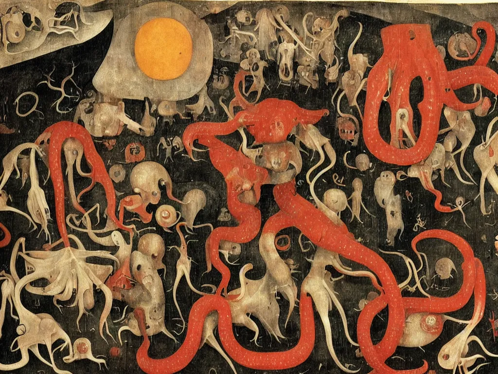 Prompt: a world of flesh in contrasting colors, hieronymous bosch, tentacles and nervous system cells, shiny flesh colored walls that are alive, loss of molecular cohesion,