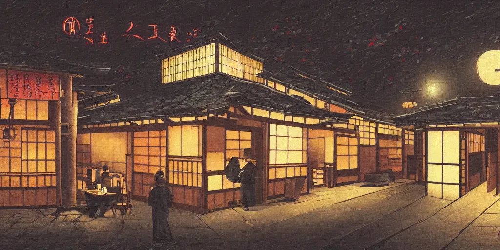 Image similar to A Japanese cafe in the style of the Nighthawk painting, highly detailed, mysterious atmosphere