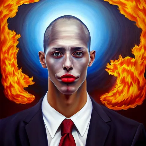 Image similar to a hyper realistic painting of a calm young man in a burning business suit, his clothes is burning, full body painting, coherent symmetrical eyes, by jeffrey smith, by andrea kowch, by steve henderson, masterpiece, trending on artstation,