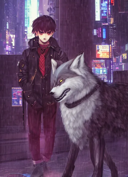 Image similar to character portrait of a male anthro wolf fursona with a tail and a cute beautiful attractive furry face wearing stylish cyberpunk clothes in a cyberpunk city at night while it rains. hidari, color page, tankoban, 4K, tone mapping, Akihiko Yoshida.