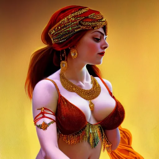 Image similar to a photorealistic portrait of emma stone dressed as a belly dancer, arabian night, high quality, fully detailed, 4 k, in focus sharp face with fine details, realistic hand details and anatomy composition, inspired by belly dancer on youtube, alphonse mucha, masterpiece, stunning