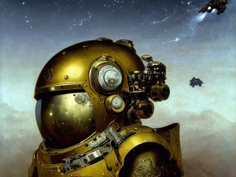 Image similar to a detailed profile oil painting of an advanced soldier in a spacesuit with reflective helmet, advanced technology flight suit, portrait symmetrical and science fiction theme with aurora lighting clouds and stars by beksinski carl spitzweg and tuomas korpi. baroque elements, full-length view. baroque element. intricate artwork by caravaggio. Trending on artstation. 8k