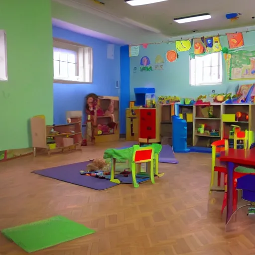 Image similar to childrens daycare indoors limital space, not well litt, creepy photo